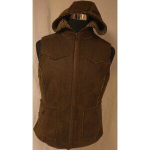 Powder River Outfitters Womens (L) Sherpa Hood Distressed Faux Suede Zip Vest